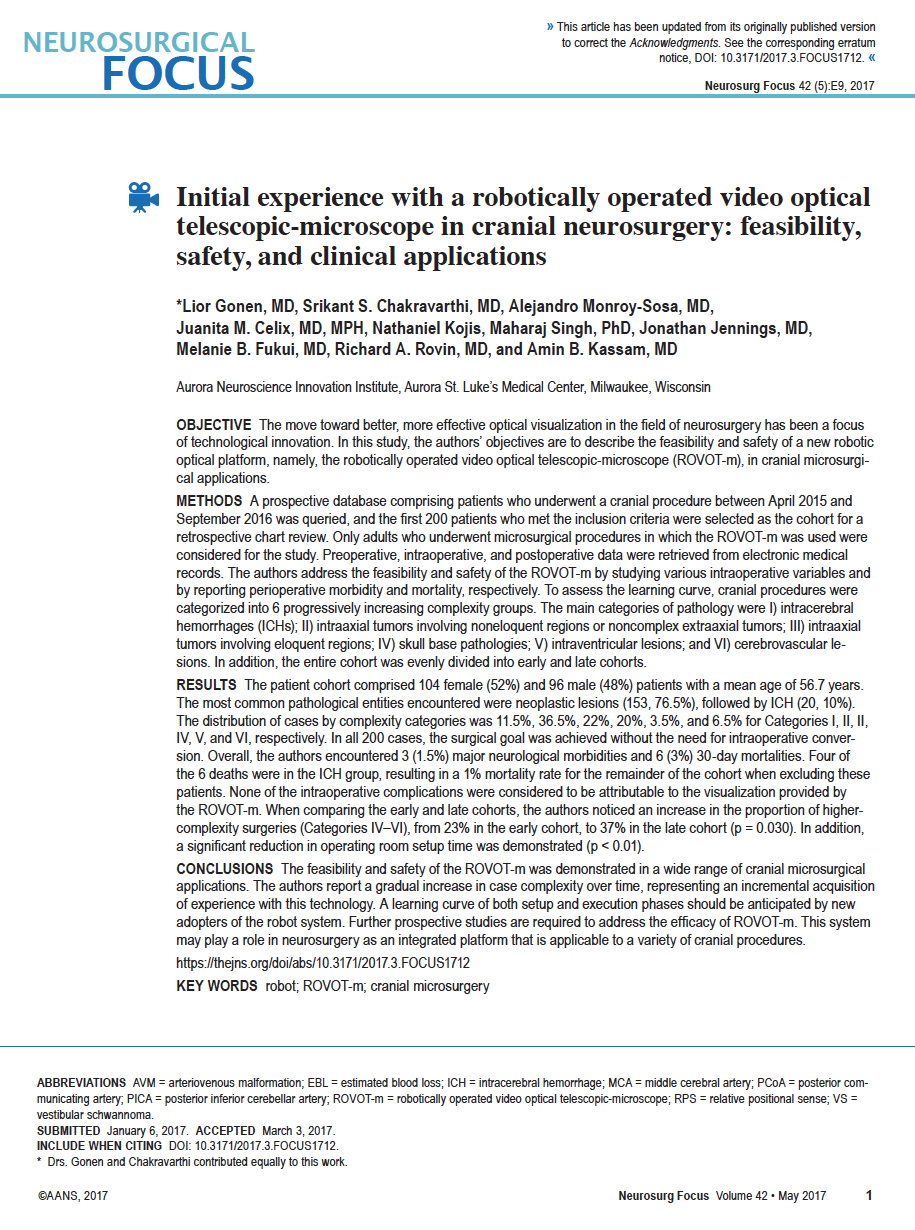 Initial experience with a robotically operated video optical telescopic-microscope in cranial neurosurgery: feasibility, safety, and clinical applications