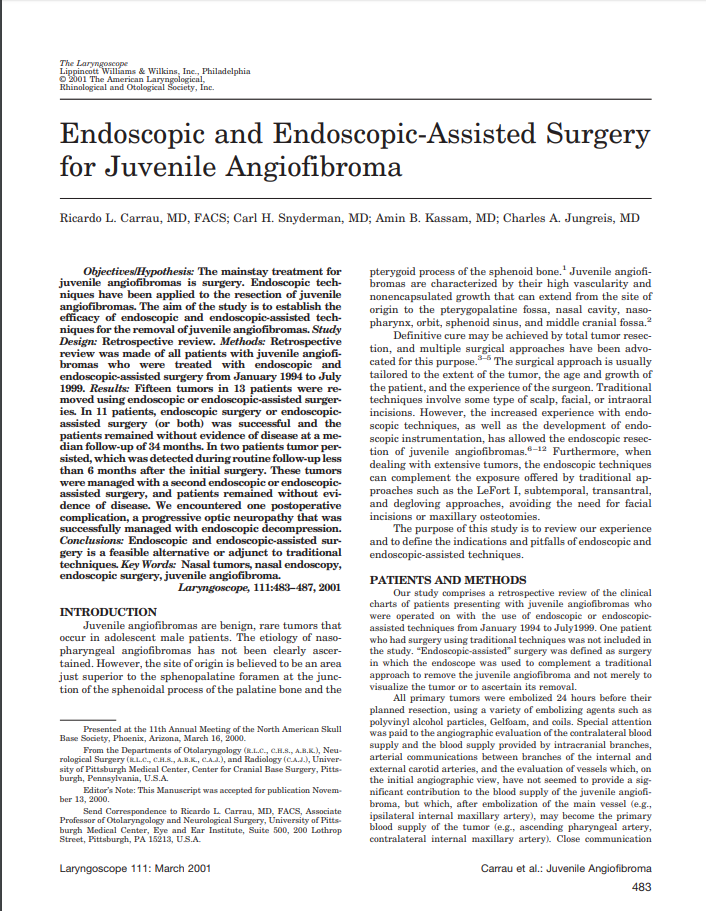 Endoscopic and Endoscopic-Assisted Surgery for Juvenile Angiofibroma