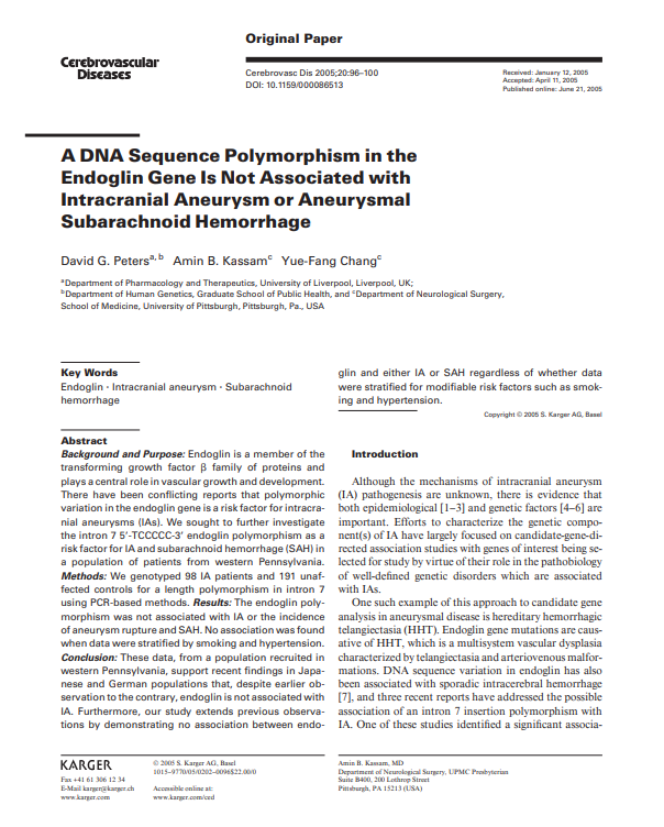 A DNA Sequence Polymorphism in the Endoglin Gene Is Not Associated with Intracranial Aneurysm or Aneurysmal Subarachnoid Hemorrhage