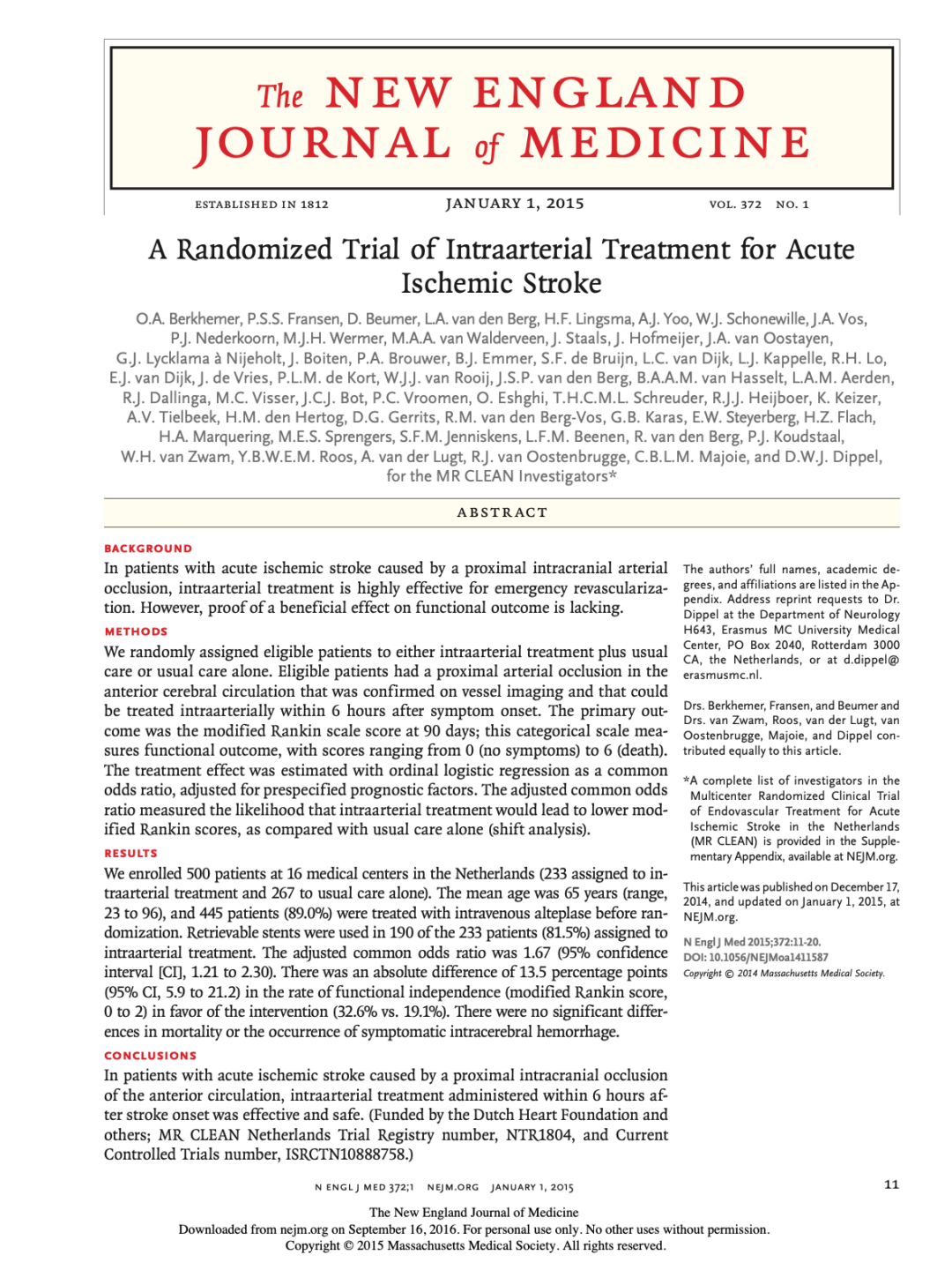 A Randomized Trial of Intraarterial Treatment for Acute Ischemic Stroke