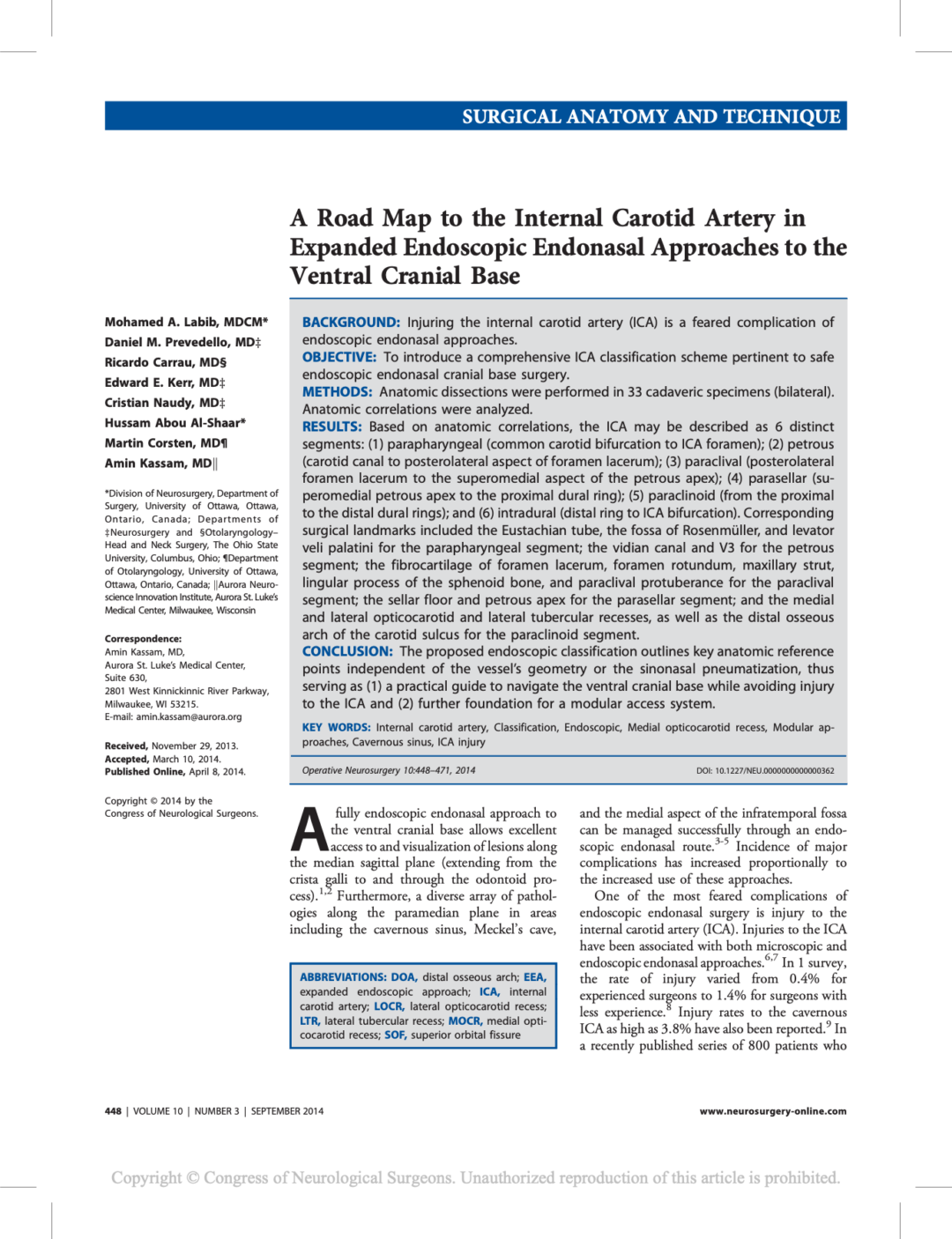 A Road Map to the Internal Carotid Artery in Expanded Endoscopic Endonasal Approaches to the Ventral Cranial Base