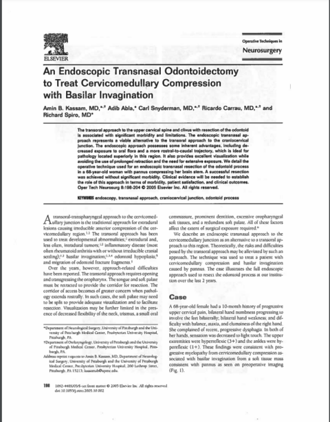 An Endoscopic Transnasal Odontoidectomy to Treat Cervicomedullary ...