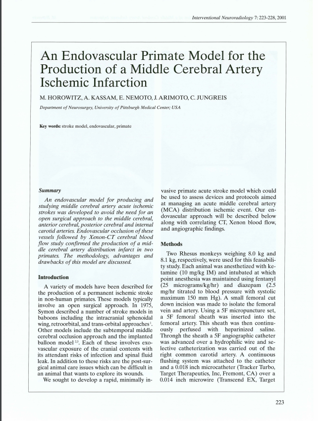 An Endovascular Primate Model for the Production of a Middle Cerebral Artery Ischemic Infarction