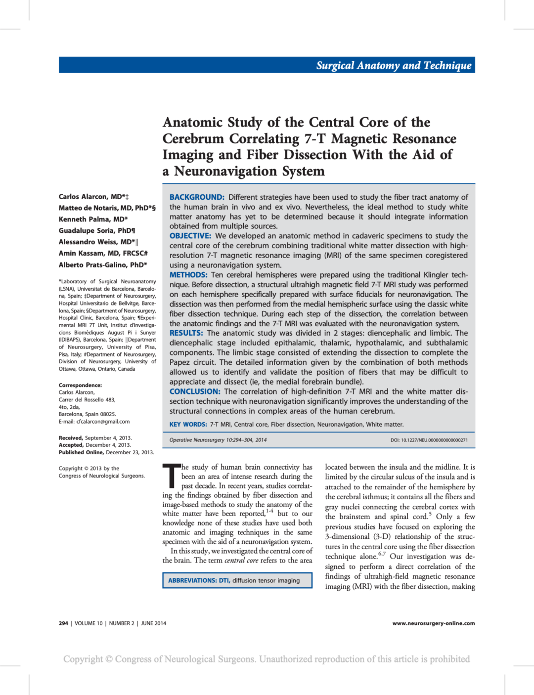 Anatomic Study of the Central Core of the Cerebrum Correlating 7-T Magnetic Resonance Imaging and Fiber Dissection With the Aid of a Neuronavigation System