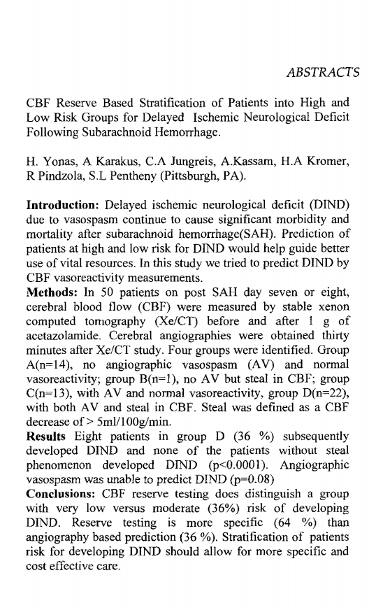 CBF reserve based stratification of patients into high and low risk groups for delayed ischemic neurological deficit following subarachnoid hemorrhage