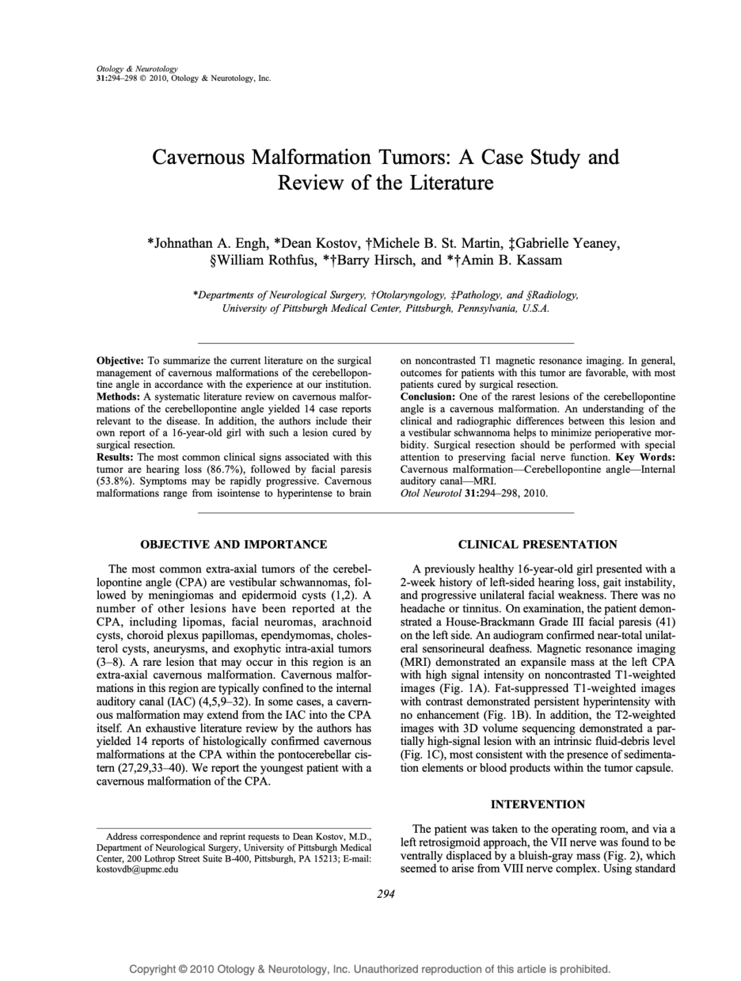 Cavernous Malformation Tumors: A Case Study and Review of the Literature
