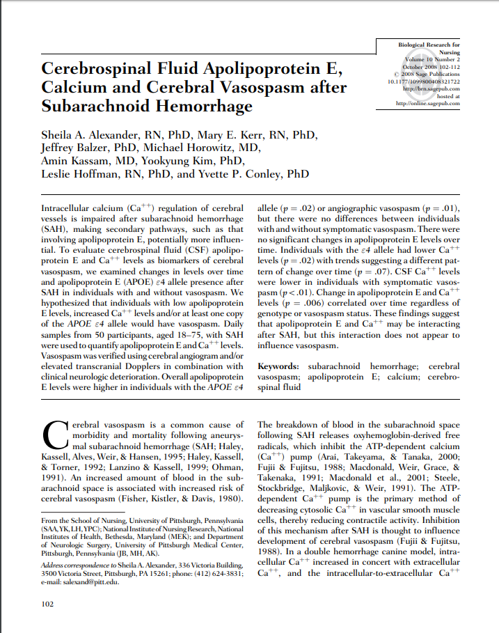 Cerebrospinal Fluid Apolipoprotein E, Calcium and Cerebral Vasospasm after Subarachnoid Hemorrhage