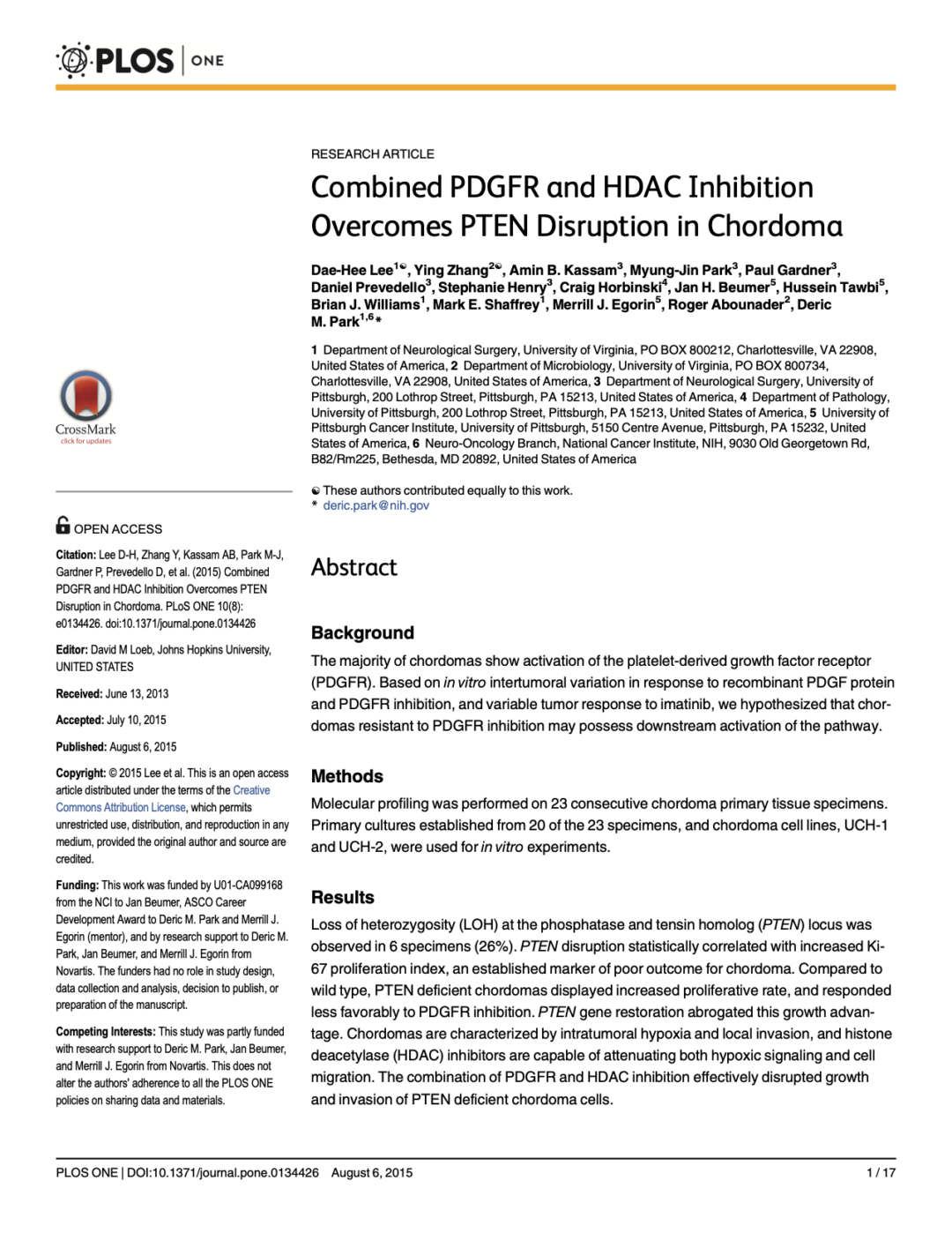 Combined PDGFR and HDAC Inhibition Overcomes PTEN Disruption in Chordoma