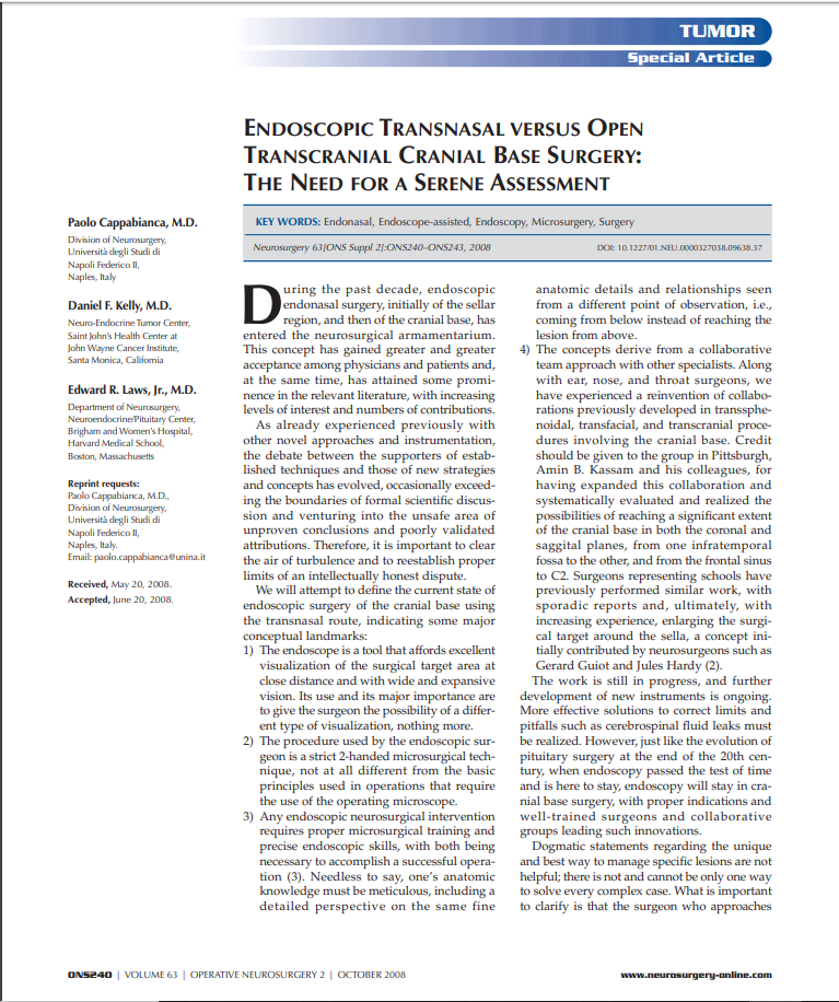 ENDOSCOPIC TRANSNASAL VERSUS OPEN TRANSCRANIAL CRANIAL BASE SURGERY: THE NEED FOR A SERENE ASSESSMENT