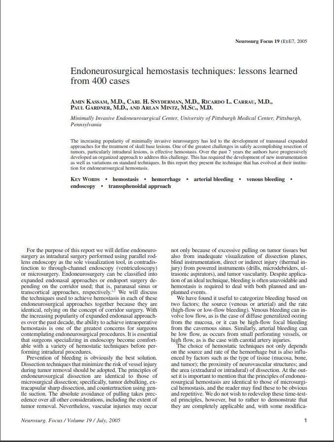 Endoneurosurgical hemostasis techniques: lessons learned from 400 cases
