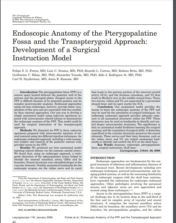 Endoscopic Anatomy of the Pterygopalatine Fossa and the Transpterygoid Approach: Development of a Surgical Instruction Model