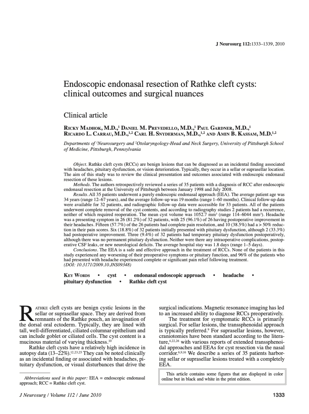 Endoscopic endonasal resection of Rathke cleft cysts: clinical outcomes and surgical nuances