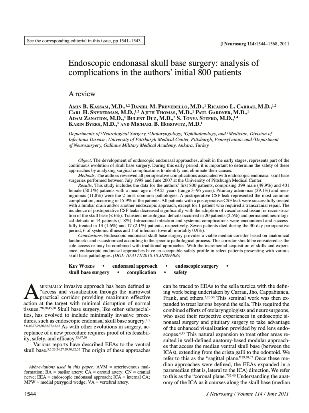Endoscopic endonasal skull base surgery: analysis of complications in the authors’ initial 800 patients