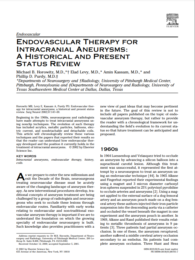 Endovascular Therapy for Intracranial Aneurysms: A Historical and Present Status Review