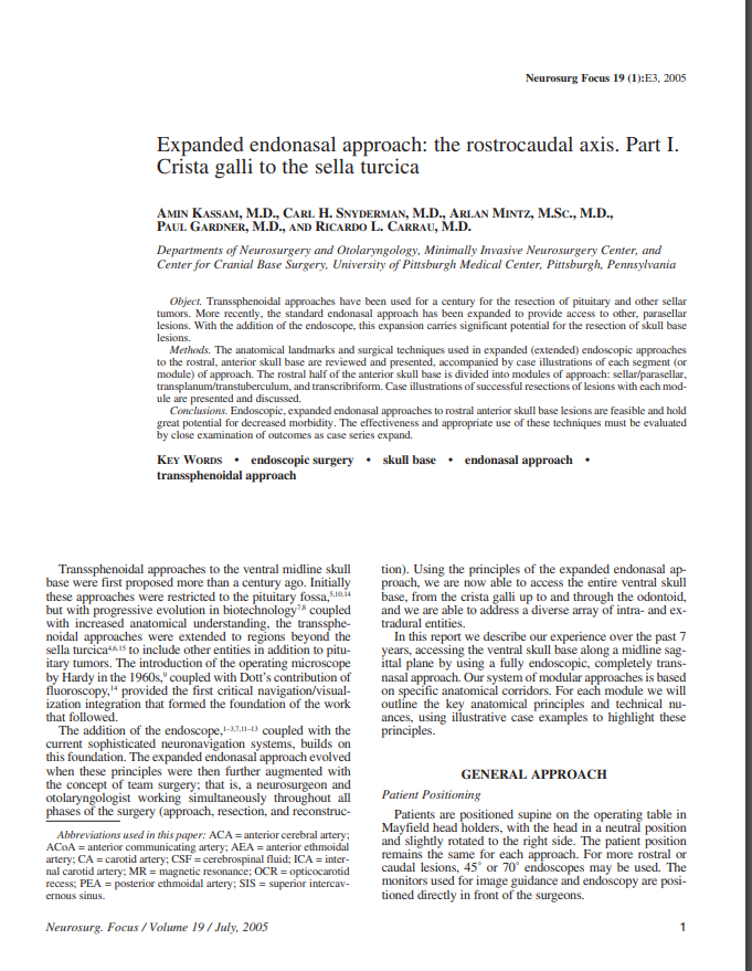 Expanded endonasal approach: the rostrocaudal axis. Part I. Crista galli to the sella turcica