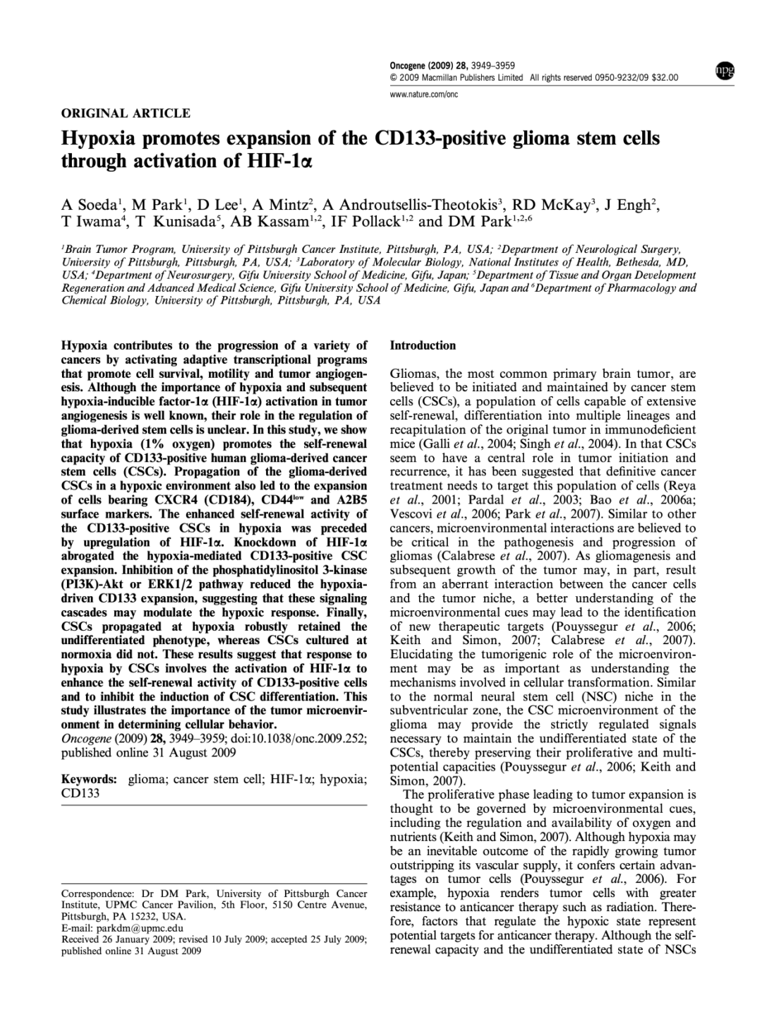 Hypoxia promotes expansion of the CD133-positive glioma stem cells