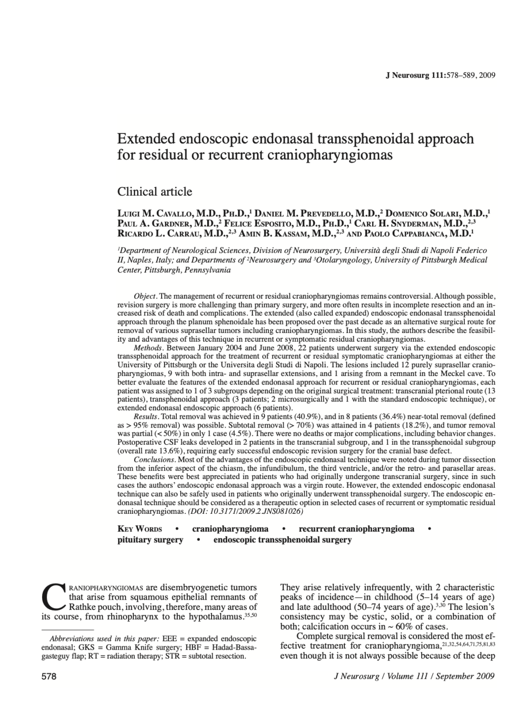 Extended endoscopic endonasal transsphenoidal approach for residual or recurrent craniopharyngiomas