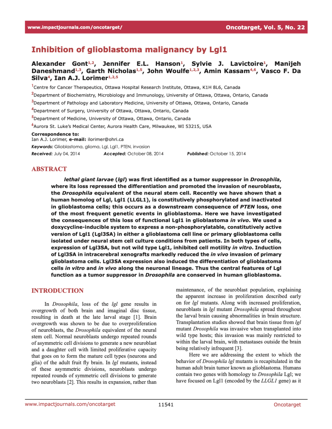 Inhibition of glioblastoma malignancy by Lgl1