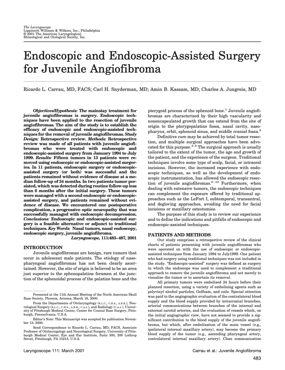 Endoscopic and Endoscopic-Assisted Surgery for Juvenile Angiofibroma