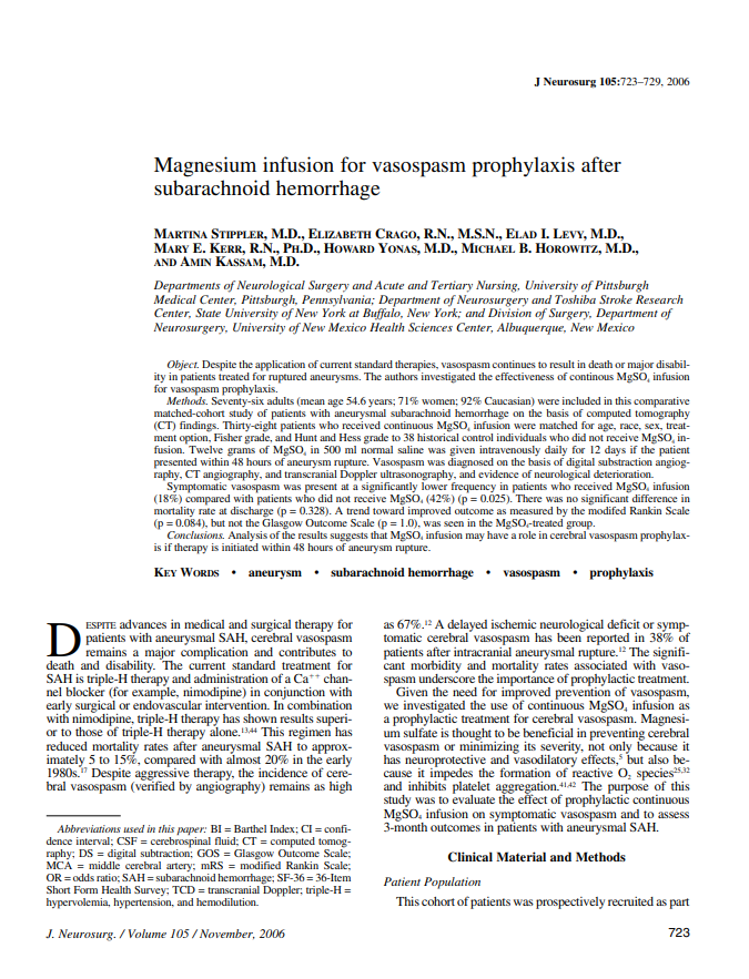 Magnesium infusion for vasospasm prophylaxis after subarachnoid hemorrhage