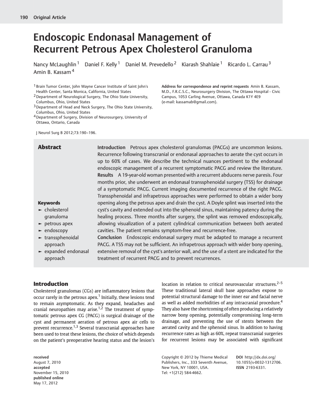 Endoscopic Endonasal Management of Recurrent Petrous Apex Cholesterol Granuloma