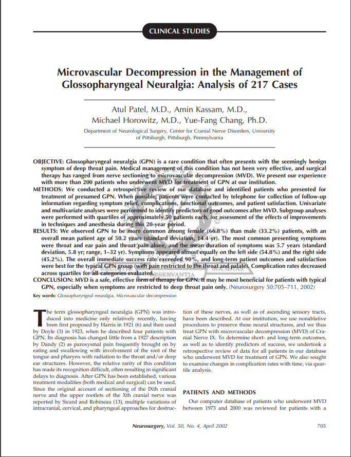 Microvascular Decompression in the Management of Glossopharyngeal Neuralgia: Analysis of 217 Cases