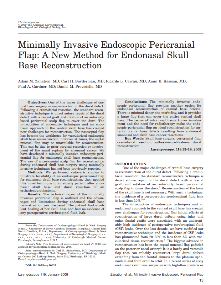 Minimally Invasive Endoscopic Pericranial Flap: A New Method for Endonasal Skull Base Reconstruction