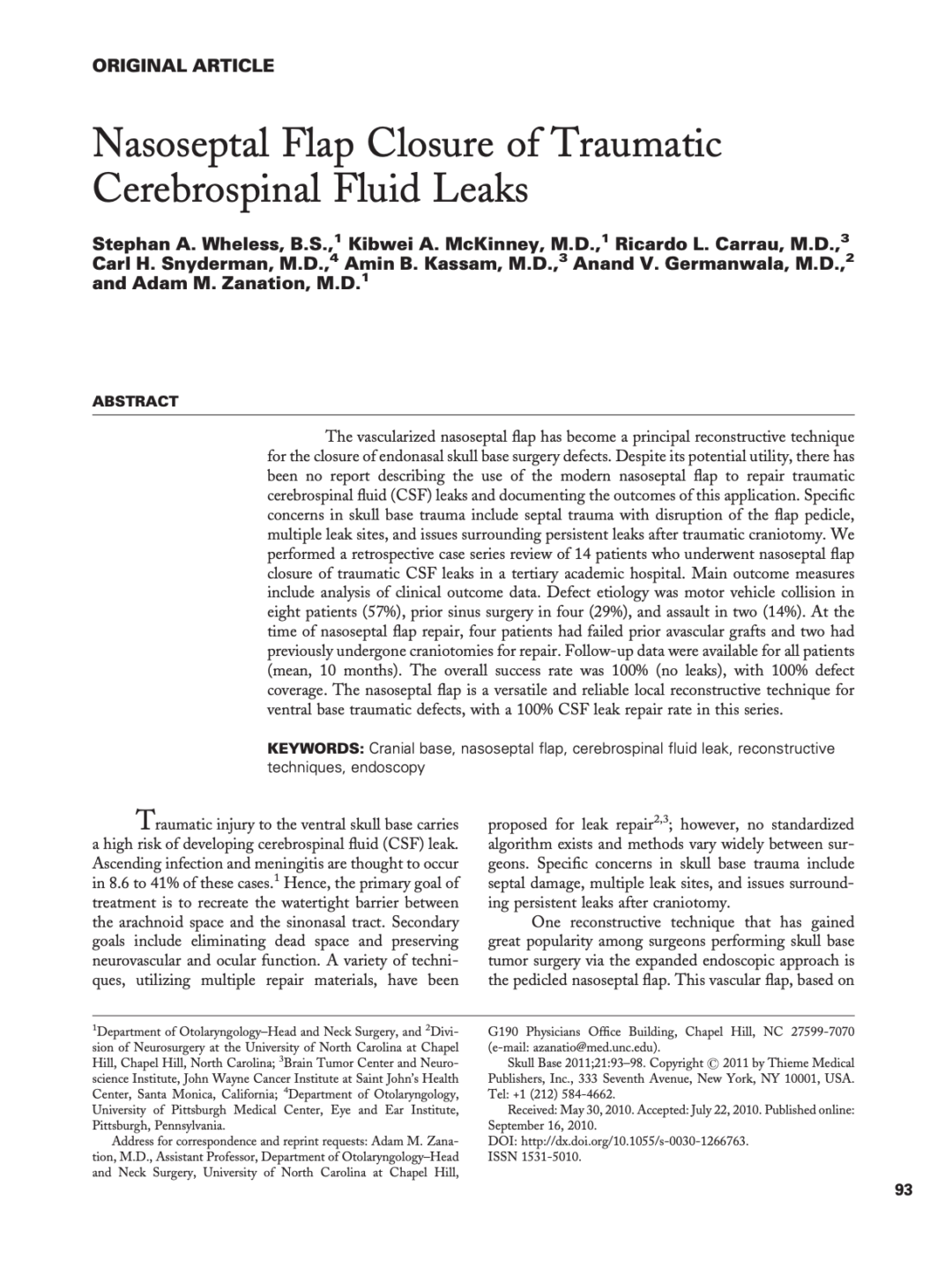 Nasoseptal Flap Closure of Traumatic Cerebrospinal Fluid Leaks
