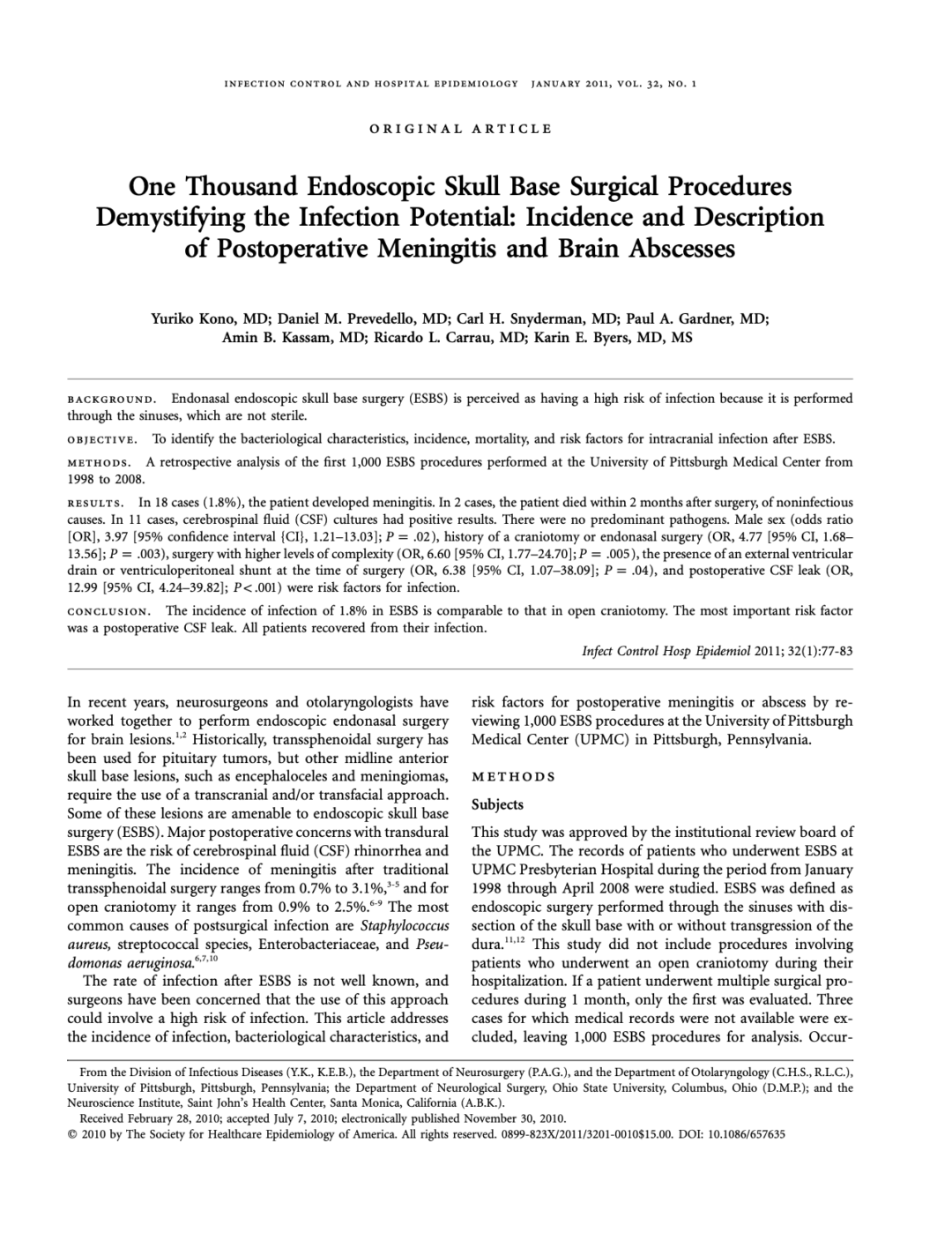 One Thousand Endoscopic Skull Base Surgical Procedures Demystifying the Infection Potential: Incidence and Description of Postoperative Meningitis and Brain Abscesses