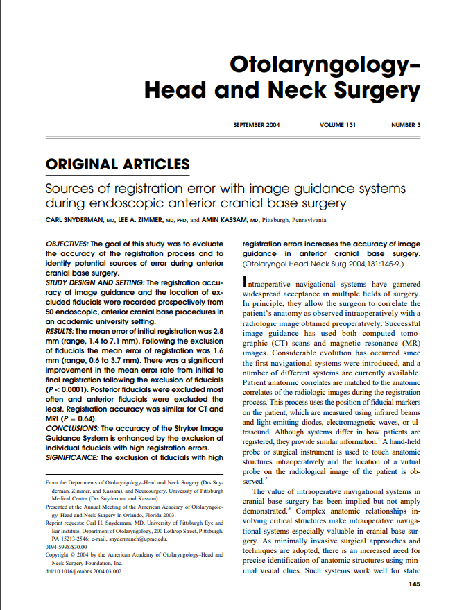 Otolaryngology–Head and Neck Surgery Sources of registration error with image guidance systems during endoscopic anterior cranial base surgery