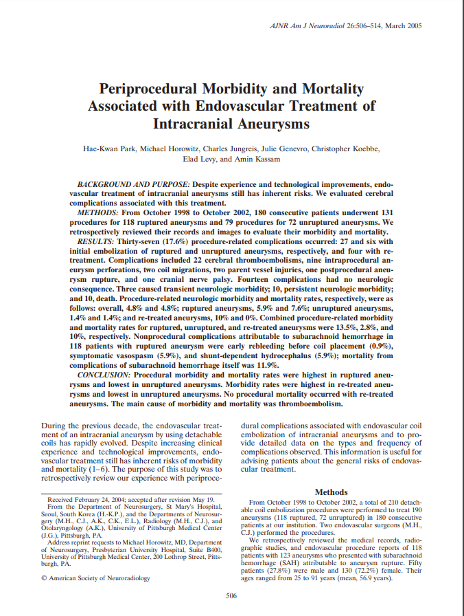 Periprocedural Morbidity and Mortality Associated with Endovascular Treatment of Intracranial Aneurysms
