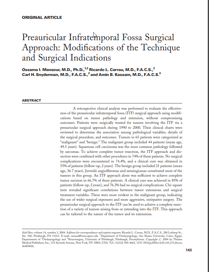 Preauricular Infratemporal Fossa Surgical Approach: Modifications of the Technique and Surgical Indications
