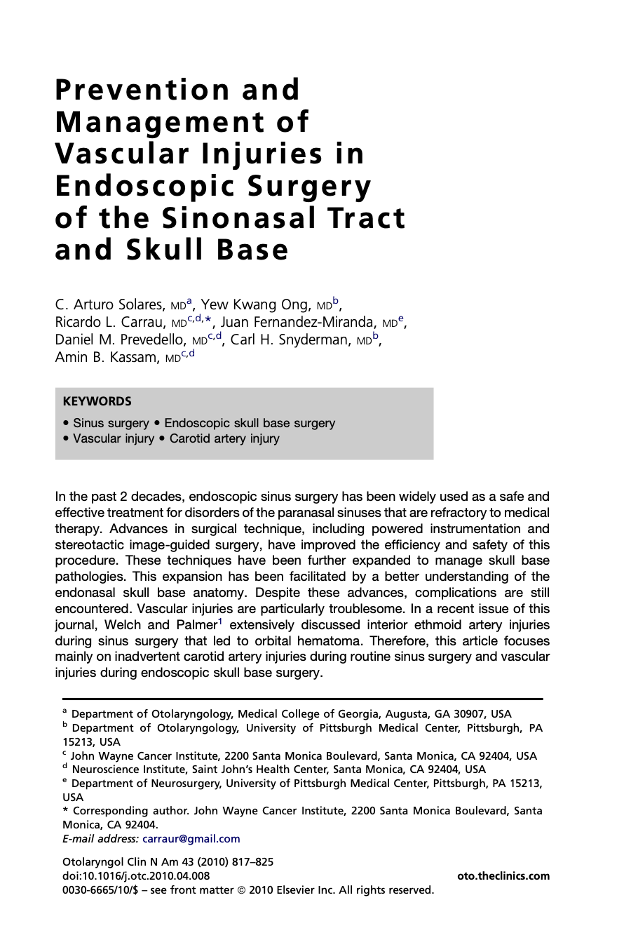 Prevention and Management of Vascular Injuries in Endoscopic Surgery of the Sinonasal Tract and Skull Base