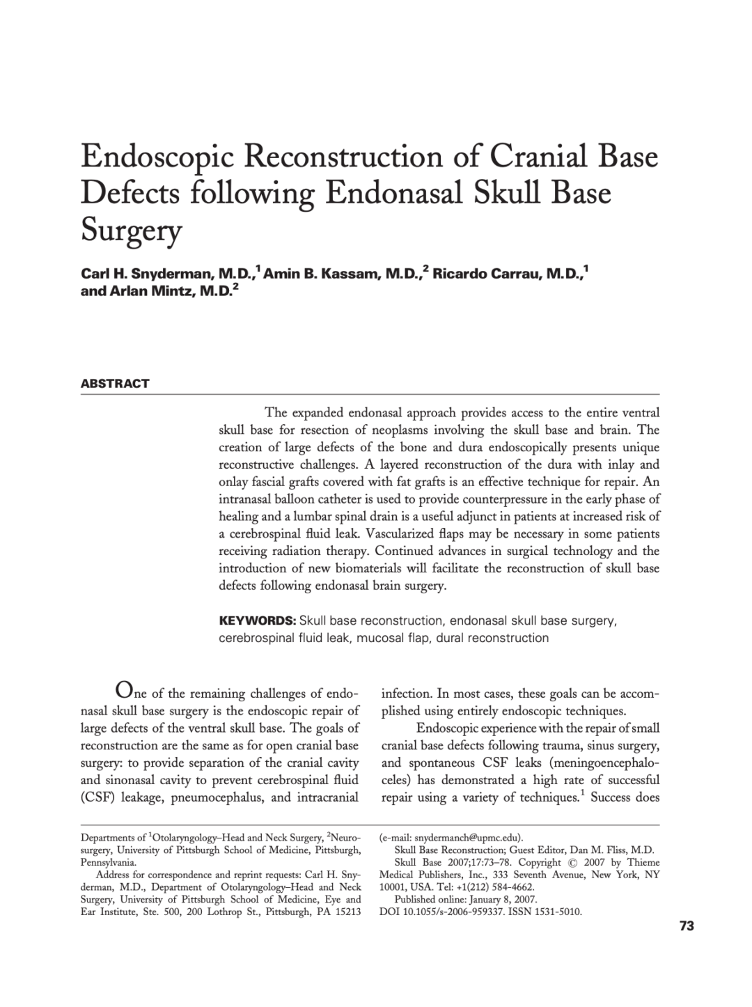 Endoscopic Reconstruction of Cranial Base Defects following Endonasal Skull Base Surgery