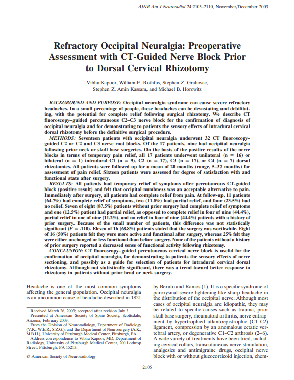 Refractory Occipital Neuralgia: Preoperative Assessment with CT-Guided Nerve Block Prior to Dorsal Cervical Rhizotomy