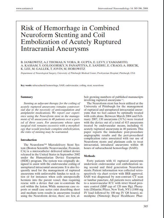 Risk of Hemorrhage in Combined Neuroform Stenting and Coil Embolization of Acutely Ruptured Intracranial Aneurysms