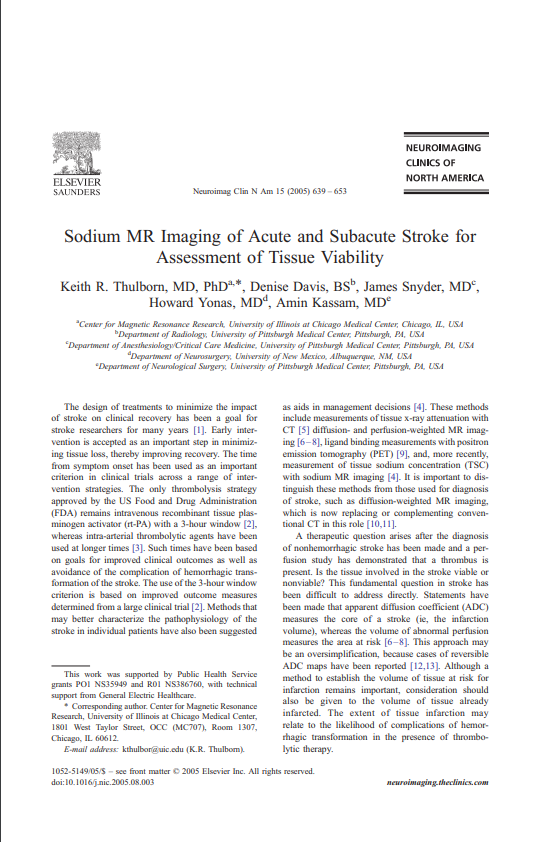 Sodium MR Imaging of Acute and Subacute Stroke for Assessment of Tissue Viability