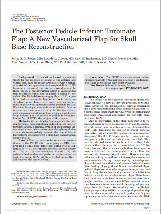 The Posterior Pedicle Inferior Turbinate Flap: A New Vascularized Flap for Skull Base Reconstruction