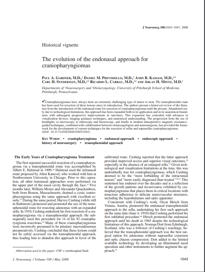 The evolution of the endonasal approach for craniopharyngiomas
