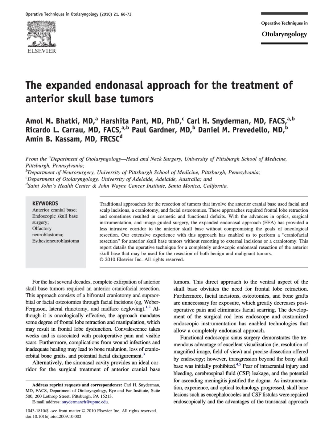 The expanded endonasal approach for the treatment of anterior skull base tumors