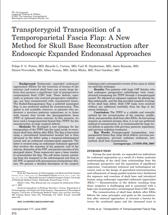 Transpterygoid Transposition of a Temporoparietal Fascia Flap: A New Method for Skull Base Reconstruction after Endoscopic Expanded Endonasal Approaches