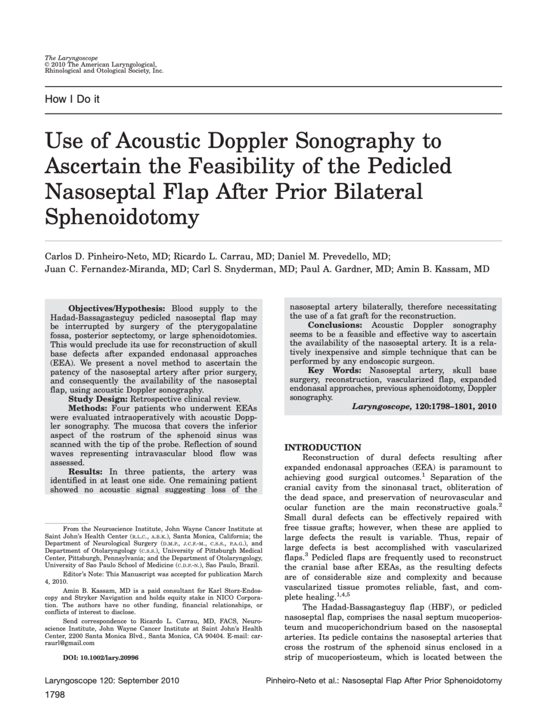 Use of Acoustic Doppler Sonography to Ascertain the Feasibility of the Pedicled Nasoseptal Flap After Prior Bilateral Sphenoidotomy