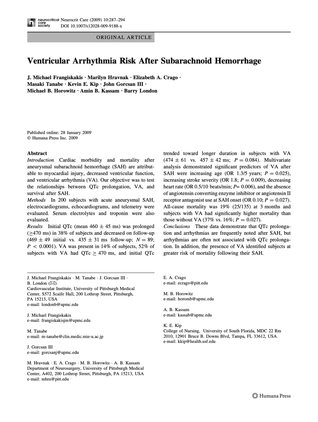 Ventricular Arrhythmia Risk After Subarachnoid Hemorrhage