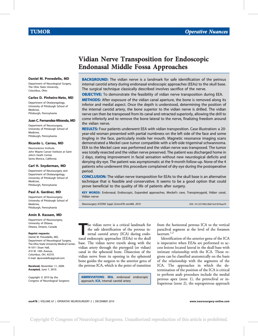 Vidian Nerve Transposition for Endoscopic Endonasal Middle Fossa Approaches